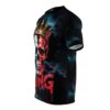 Red, white, and blue skull with a gold crown and dripping red text on a black background with blue smoke.