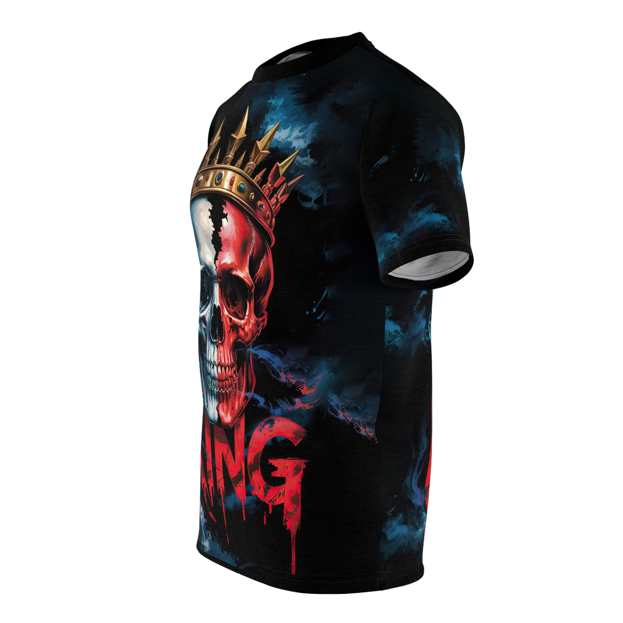 Red, white, and blue skull with a gold crown and dripping red text on a black background with blue smoke.