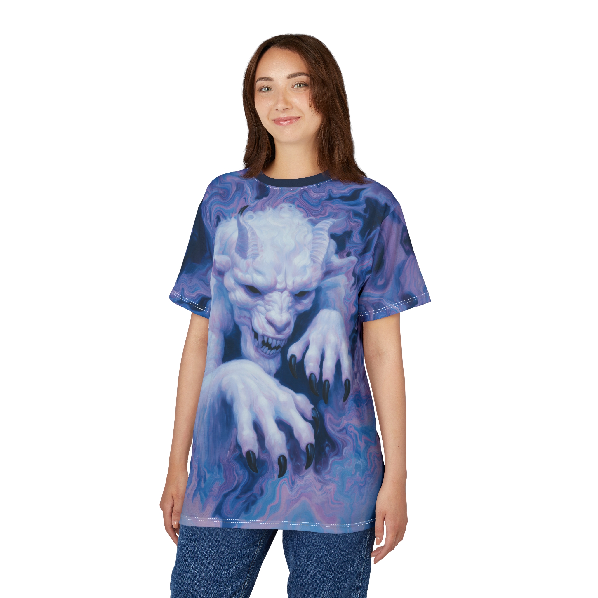 Swirling blues, purples, and pinks form a smoky background behind a detailed, pale fantasy creature with sharp claws and horns.