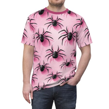 Bold Spooky Pink Spider Unisex All Over Print Tee - Perfect for Halloween and Everyday Wear – high-quality graphic streetwear t-shirt