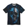 Dark blue and metallic black textures cover this seamless pattern tee, depicting a split skull with digital blue accents and background schematics.