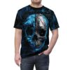 Dark blues, black, and metallic silver form a split skull design with intricate circuits and glowing text, set against a dark, abstract background.