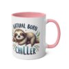White mug with pink handle and interior, featuring a sleeping sloth on a branch with the words 