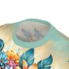 Bold floral and leaf patterns in vibrant blues, oranges, pinks, and greens cover this 3D graphic t-shirt, with a soft yellow and teal gradient background.