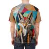 Geometric shapes in red, blue, orange, and gray cover this graphic streetwear tee, featuring a striking wolf portrait with textured fur details.