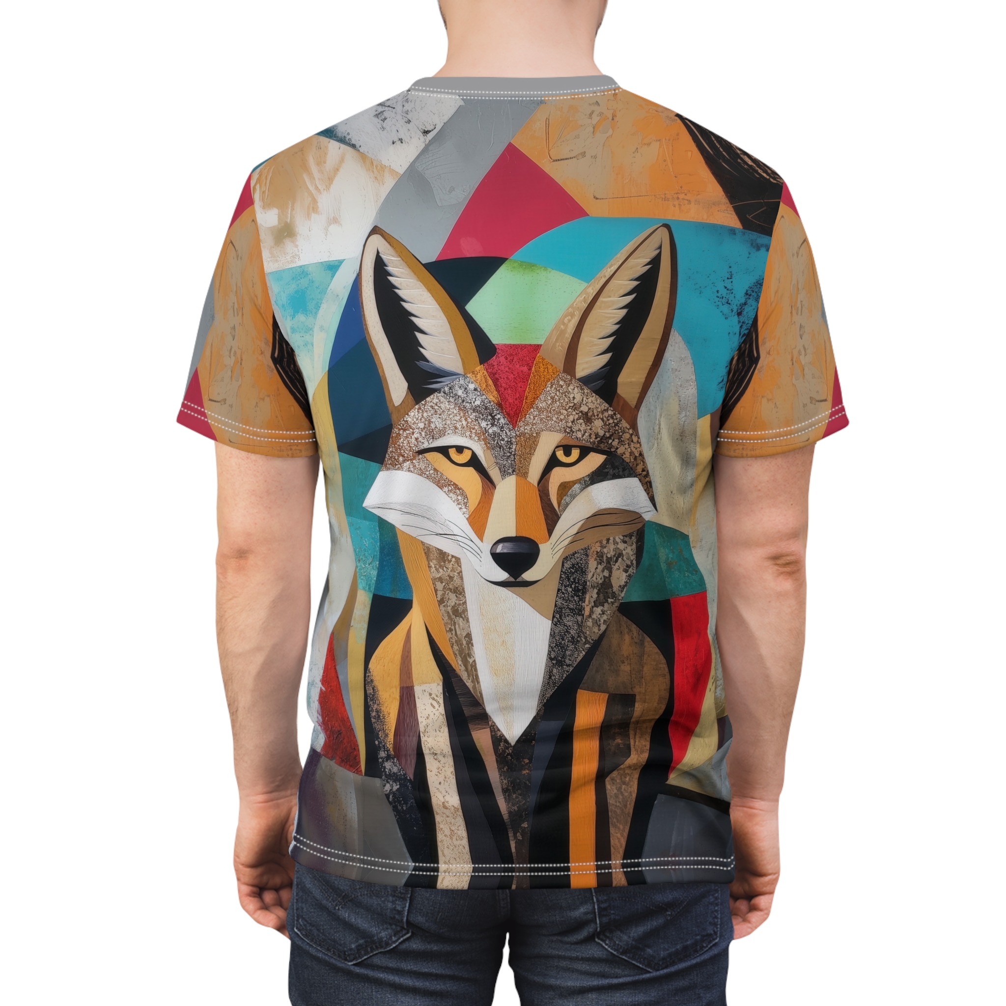 Geometric shapes in red, blue, orange, and gray cover this graphic streetwear tee, featuring a striking wolf portrait with textured fur details.