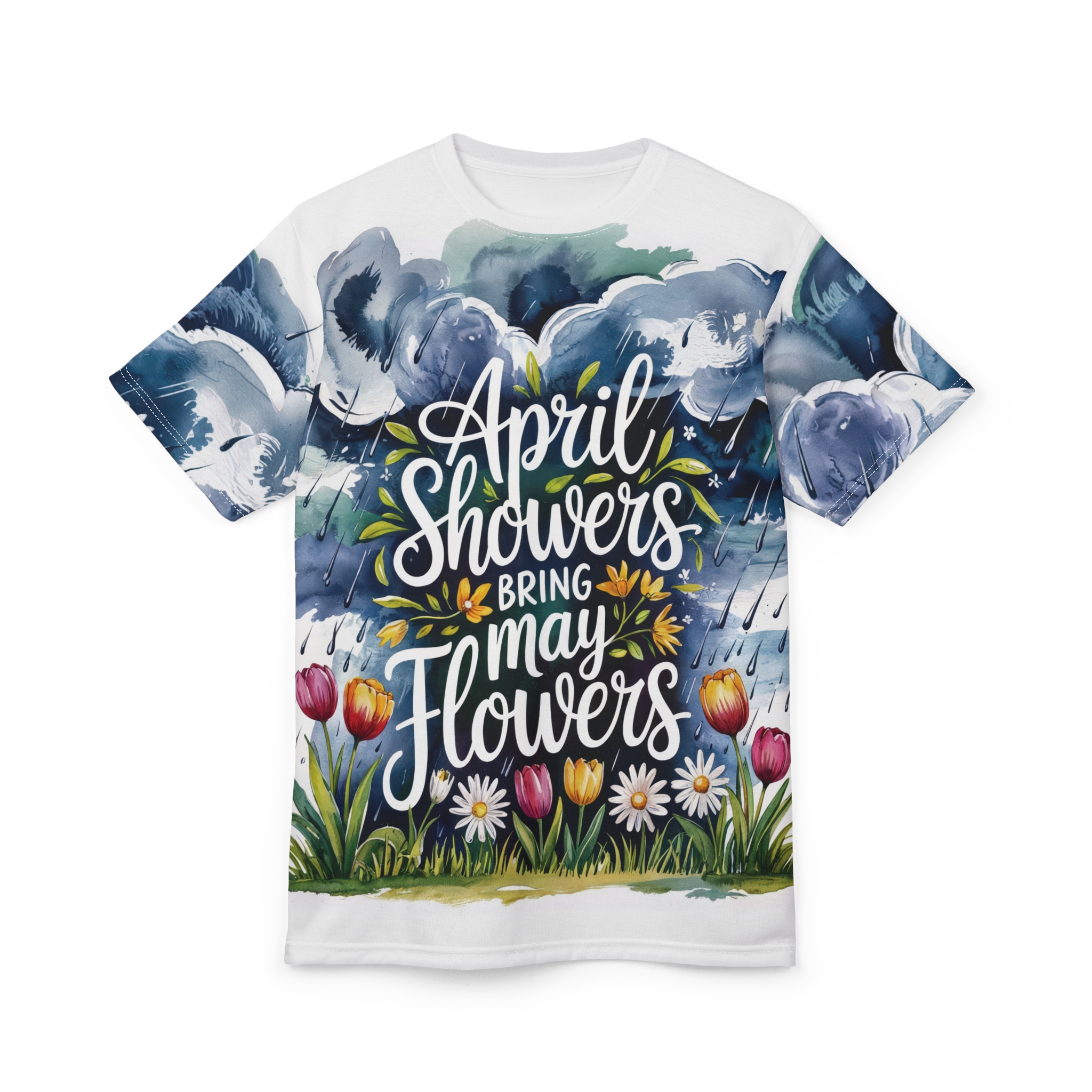 Moody blue and green watercolor clouds with falling rain drops and a vibrant row of tulips and daisies, on this all over print t-shirt.
