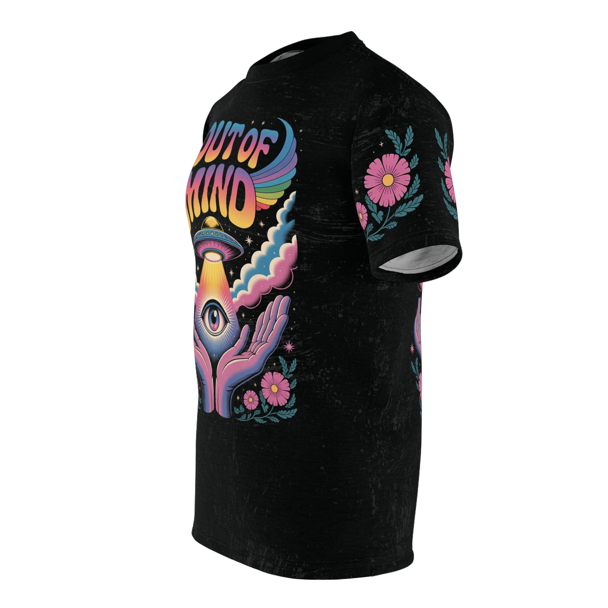 Rainbow text "OUT OF MIND" and a UFO beam into an eye held by hands, with flowers on black fabric.
