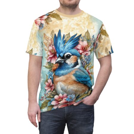 Vibrant Vibrant Bird Art Tee, Floral Blue Jay Shirt, Colorful Graphic Tee, Unisex AOP T-Shirt, Nature Lover Gift, Summer Wardrobe Essential – eye-catching full print casual top
