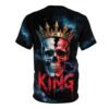 Black with red and blue smoky accents and a split-face skull with a golden crown, and the word