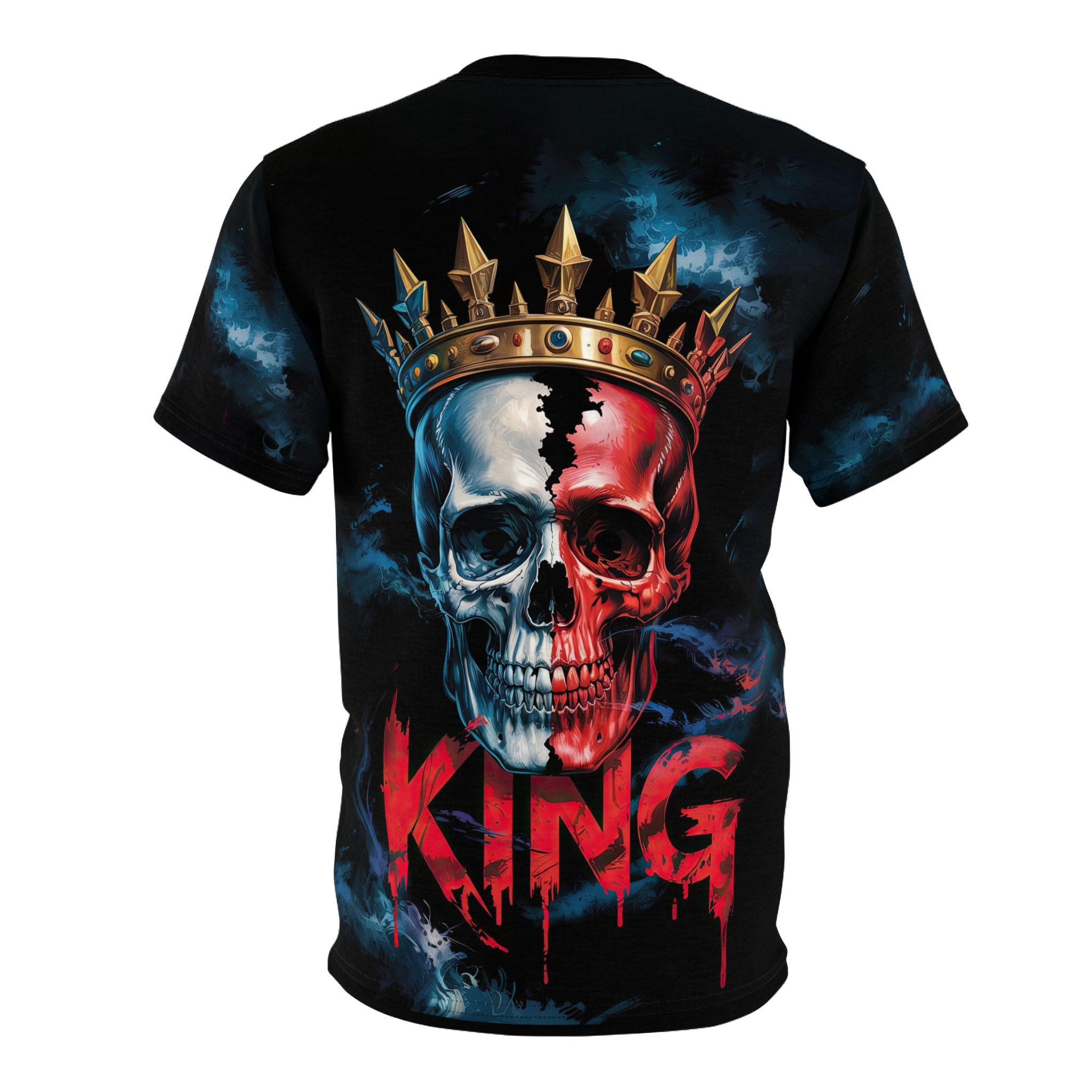Black with red and blue smoky accents and a split-face skull with a golden crown, and the word "KING" in dripping red text.