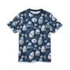 Blue and white decorative Easter eggs with floral patterns cover this dark navy t-shirt, interspersed with blue leaves and white and light blue flowers.