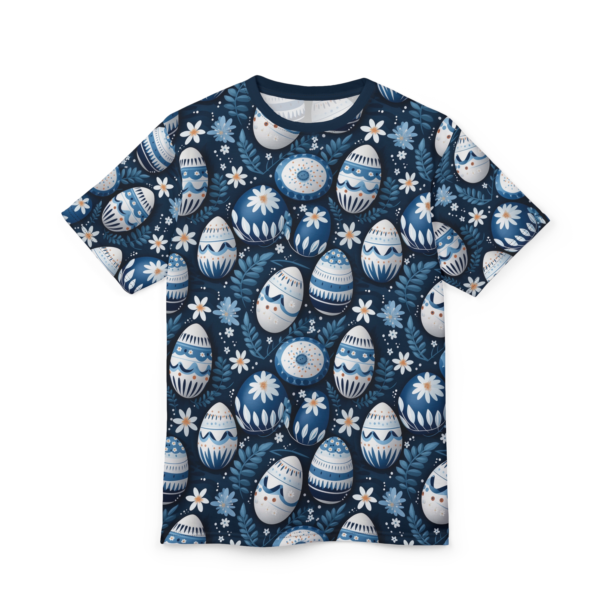Blue and white decorative Easter eggs with floral patterns cover this dark navy t-shirt, interspersed with blue leaves and white and light blue flowers.