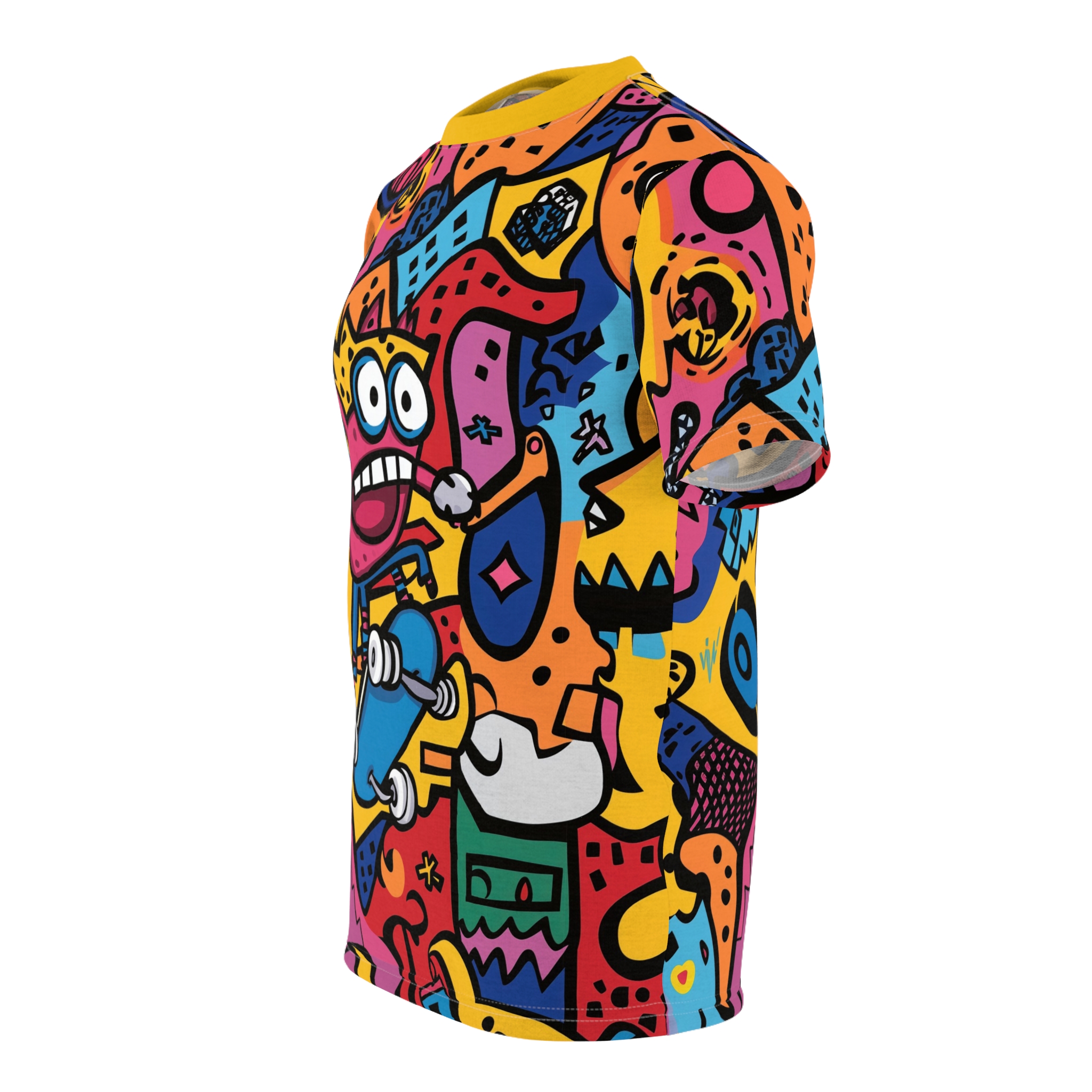 Bold, bright colors and playful cartoon characters cover this full print shirt, depicting a whimsical street art scene with a skateboarder and abstract shapes.