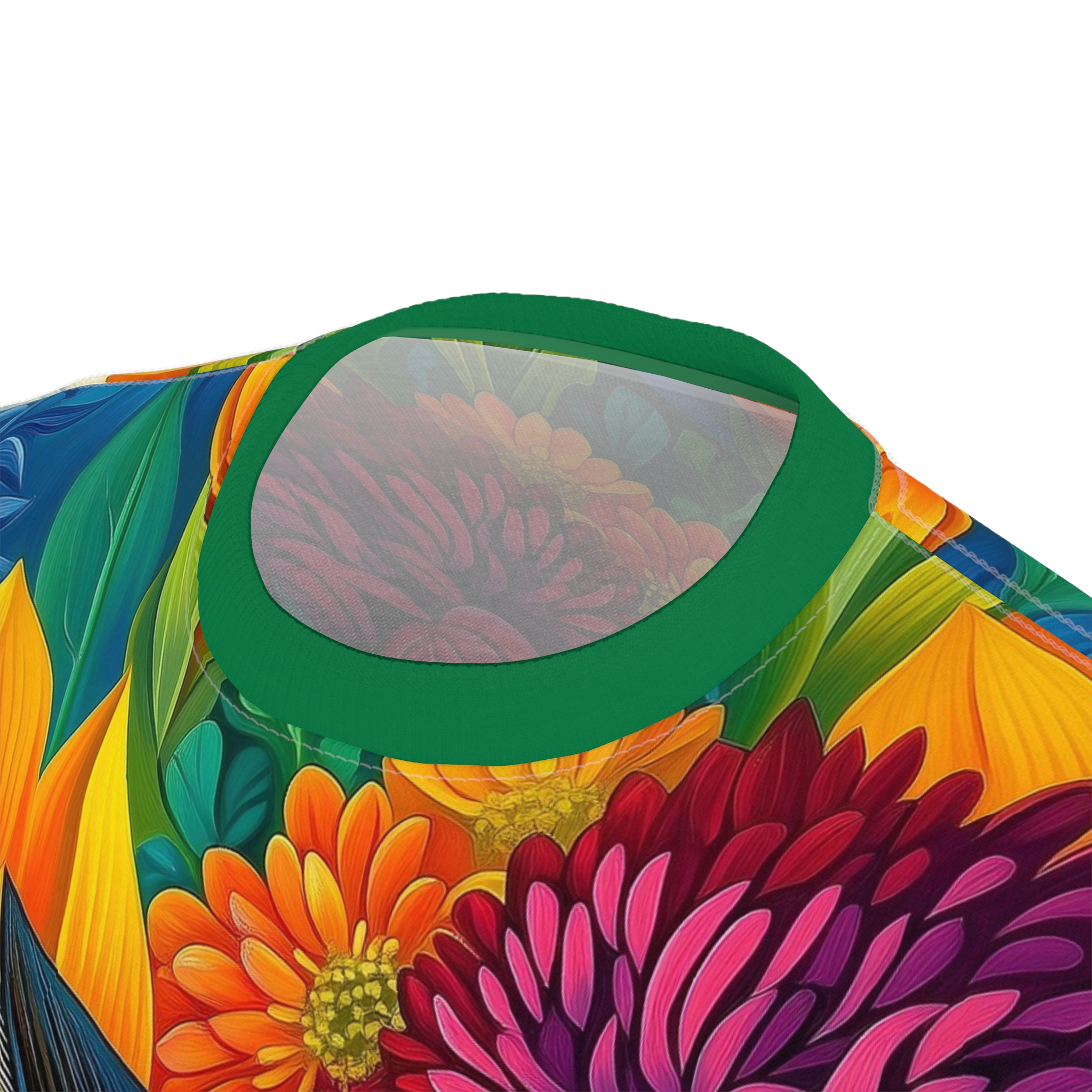 Vibrant reds, pinks, oranges, yellows, and blues cover this t-shirt, depicting a dense arrangement of blooming flowers and lush green leaves.