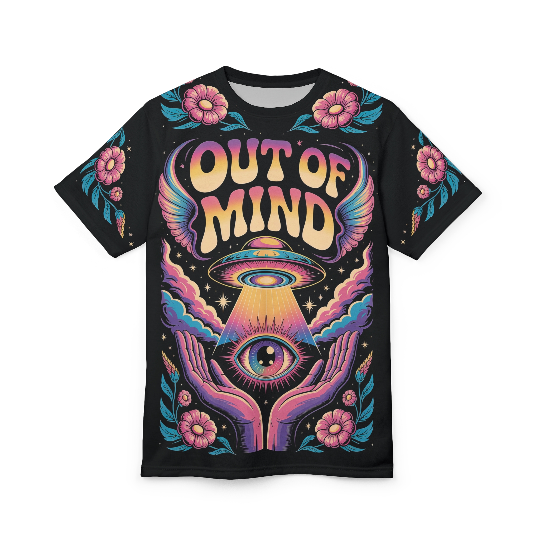 Swirling rainbow colors and intricate details cover this patterned tee shirt, depicting an eye, hands, a UFO, and floral elements.