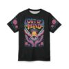 Rainbow, pink flowers, and an eye with a UFO beam cover this 3D graphic t-shirt, with outstretched hands and cosmic clouds.