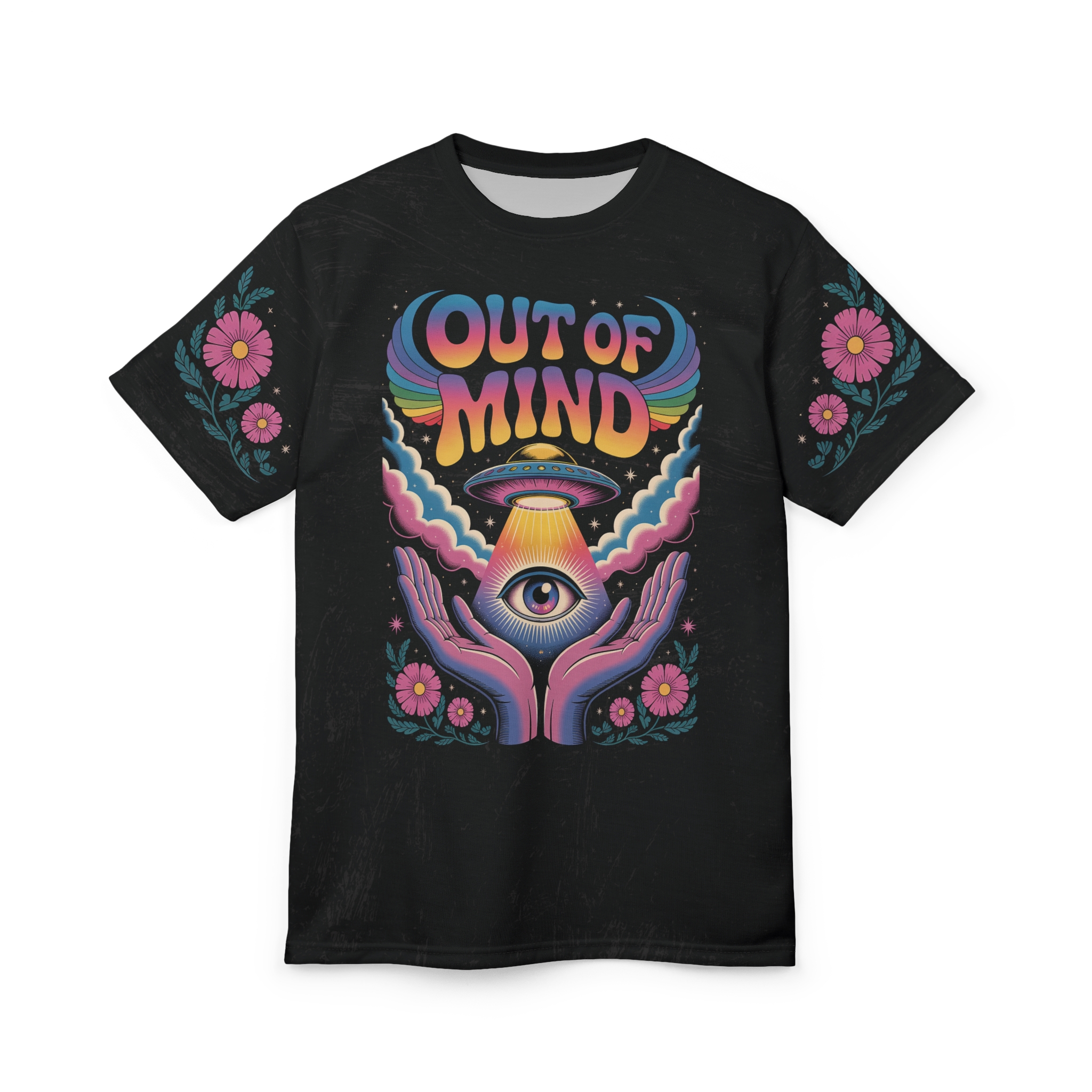 Rainbow, pink flowers, and an eye with a UFO beam cover this 3D graphic t-shirt, with outstretched hands and cosmic clouds.
