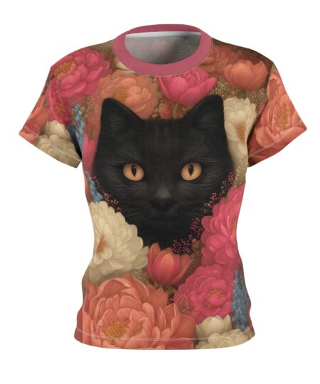 Women’s Floral Cat Print Tee, Cute Cat Shirt, Floral Design Top, Gift for Cat Lovers