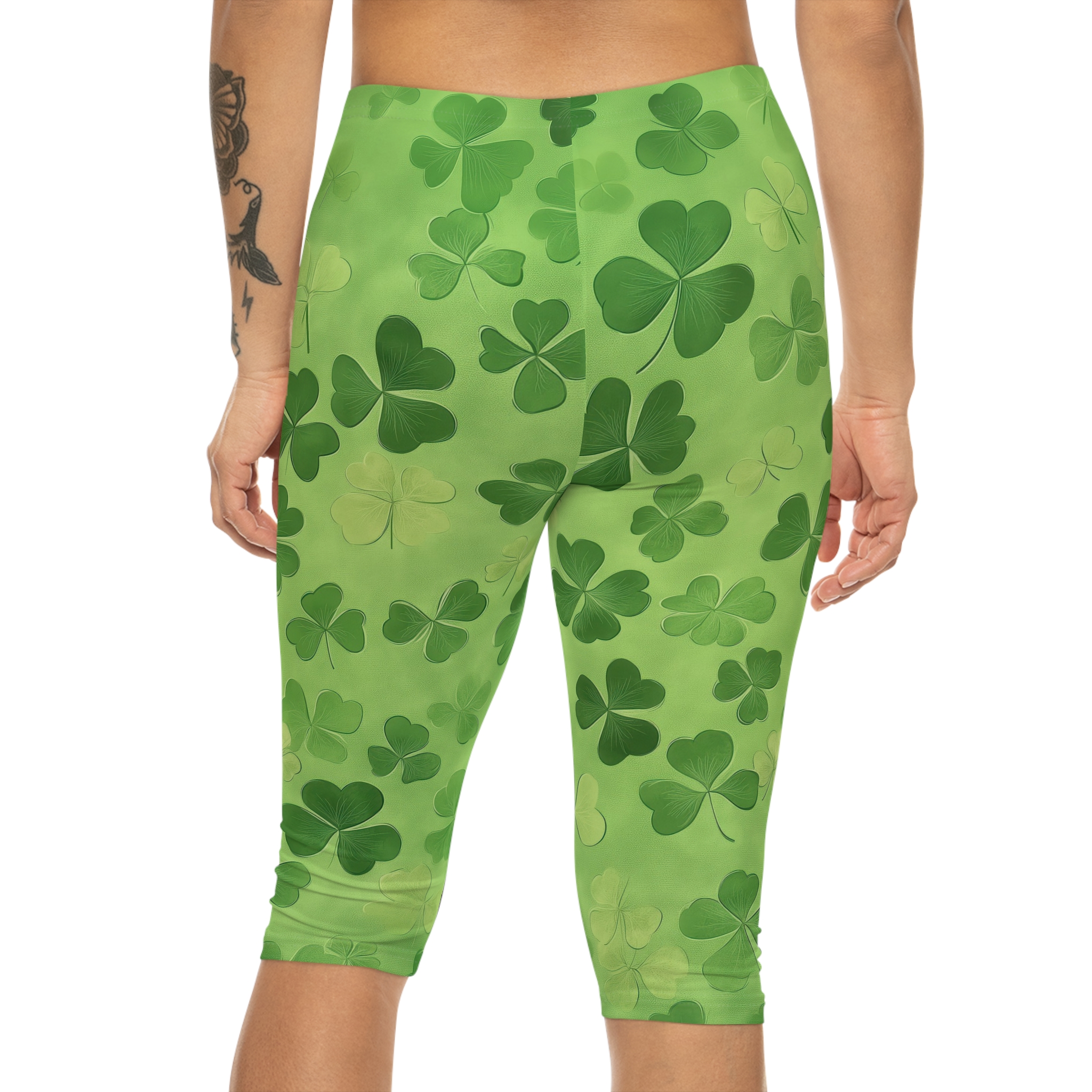 Vibrant St Patrick's Day Clover Women’s Capri Leggings – high-waisted all-over design leggings - Detail View 4