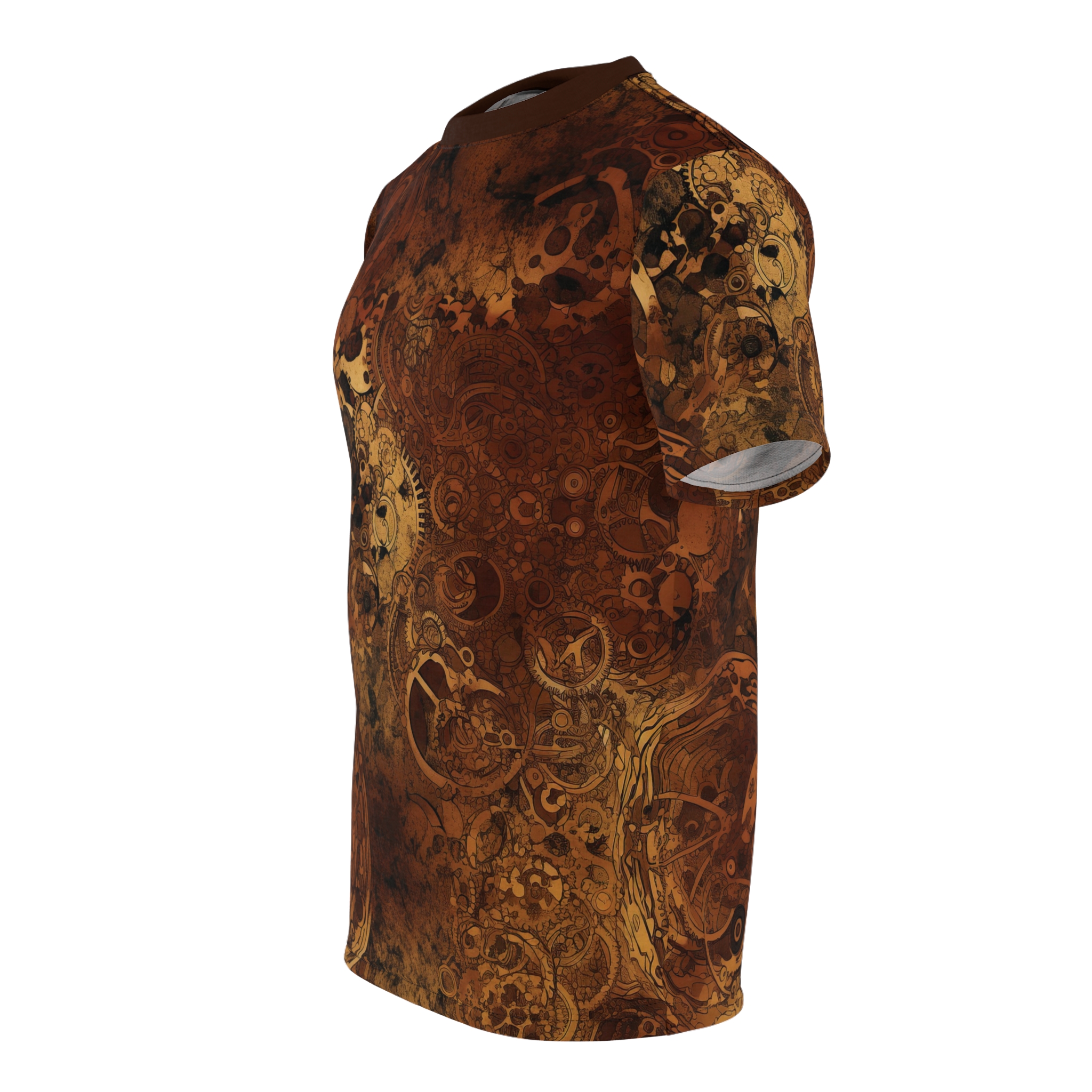 Ornate gears, clockwork mechanisms, and intricate line drawings cover this full print shirt, with a sepia-toned background resembling aged parchment.