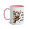 White ceramic mug with pink handle and interior, featuring a cute sloth on a branch with