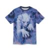 Swirling blues and purples cover this patterned tee shirt, depicting a fierce white creature with horns and claws emerging from the mist.