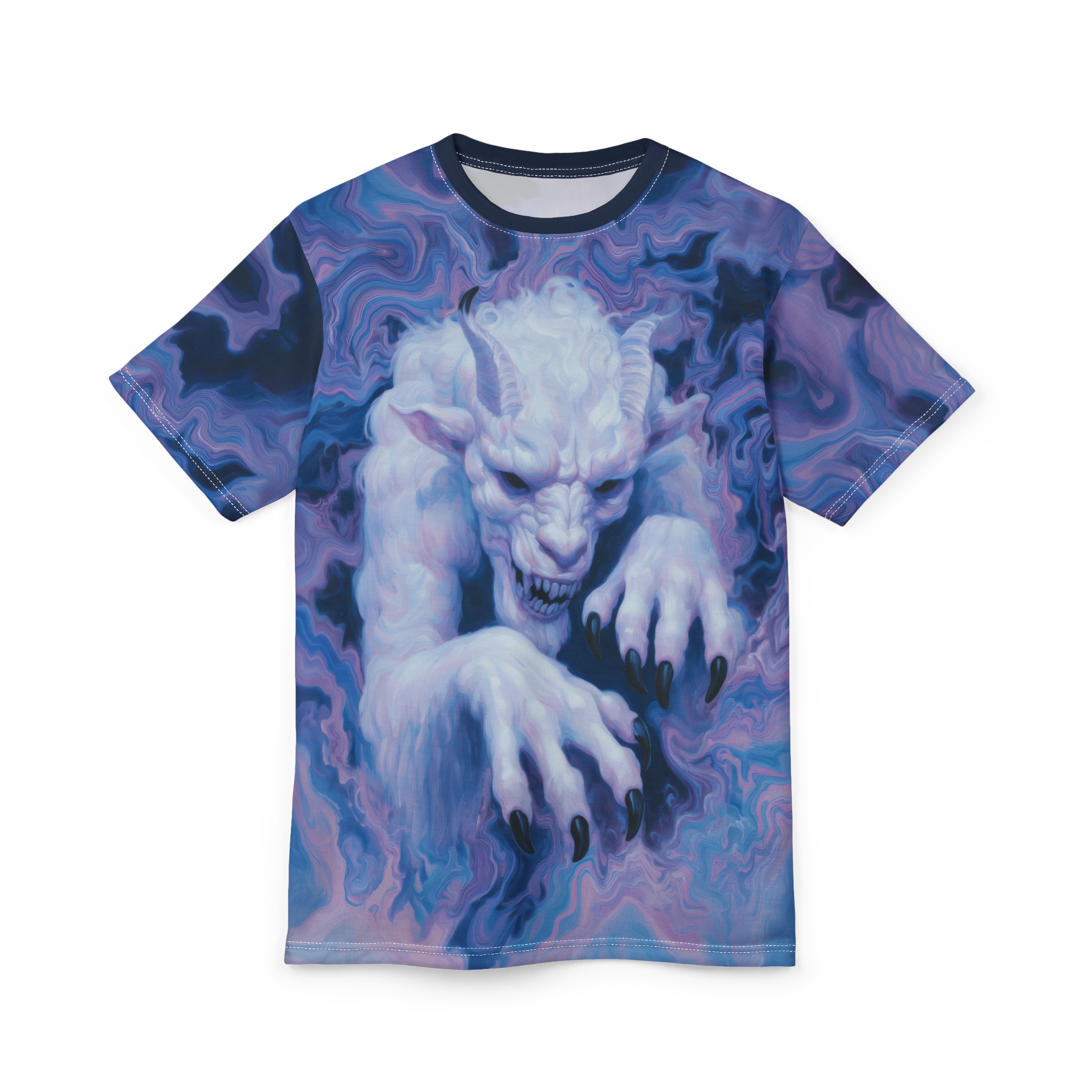 Swirling blues and purples cover this patterned tee shirt, depicting a fierce white creature with horns and claws emerging from the mist.