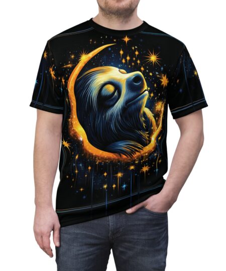 Cosmic Sloth Unisex All Over Print Tee - Dreamy Starry Night Graphic Shirt