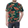 Red and gold koi fish swim among lush teal leaves and vibrant red peonies across this dark green tee.
