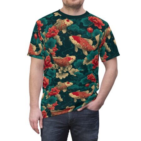Vibrant Elegant Koi Fish Floral Tee, Unisex AOP T-Shirt, Perfect for Summer Vibe, Casual Wear, Gift for Nature Lovers, Unique Art Apparel – eye-catching full print casual top