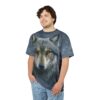 Grey and black marbled patterns cover this all over print apparel, featuring a hyper-realistic wolf portrait with amber eyes.