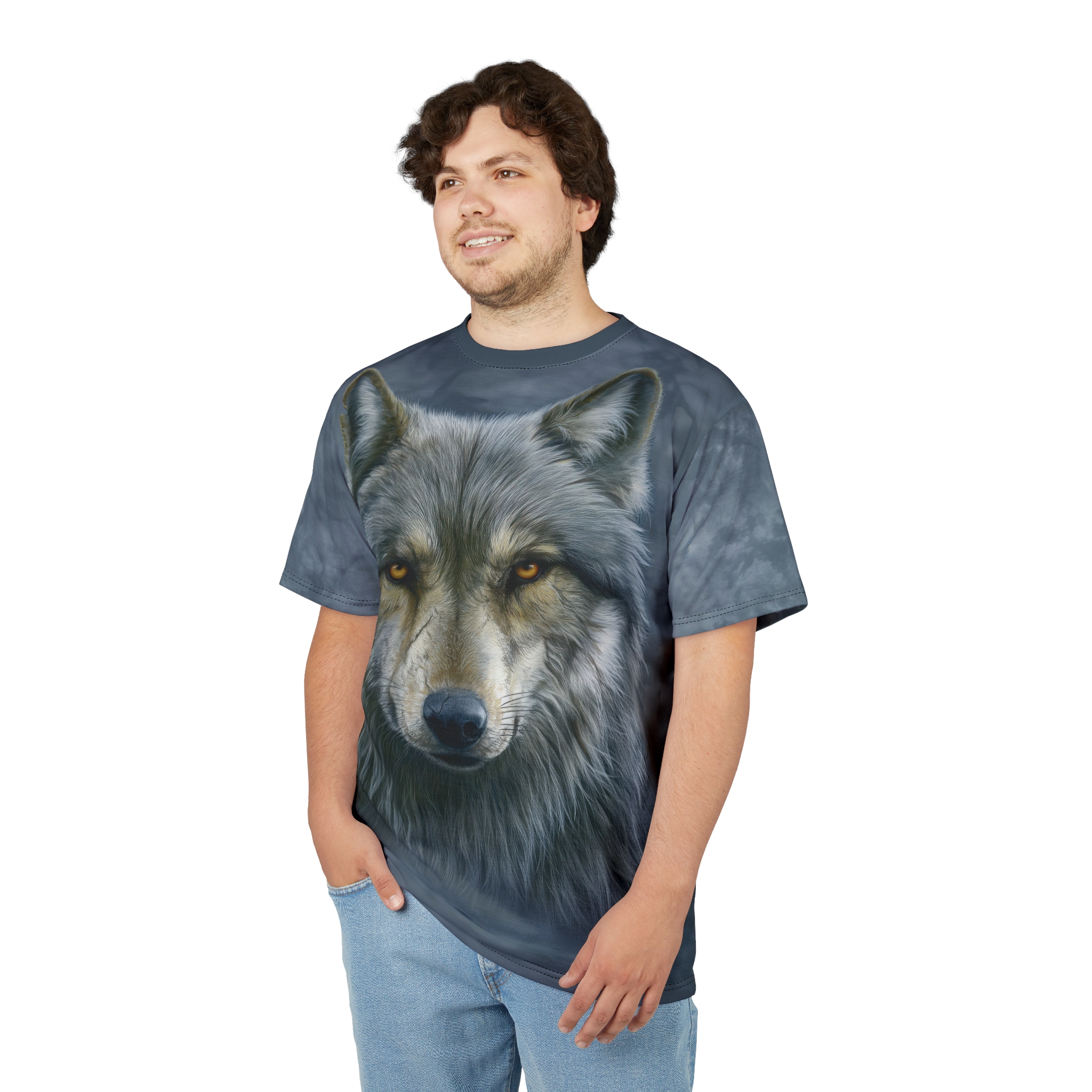 Grey and black marbled patterns cover this all over print apparel, featuring a hyper-realistic wolf portrait with amber eyes.