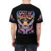 Rainbow and floral patterns cover this 3D graphic t-shirt, depicting a UFO beaming light onto an eye held by hands.