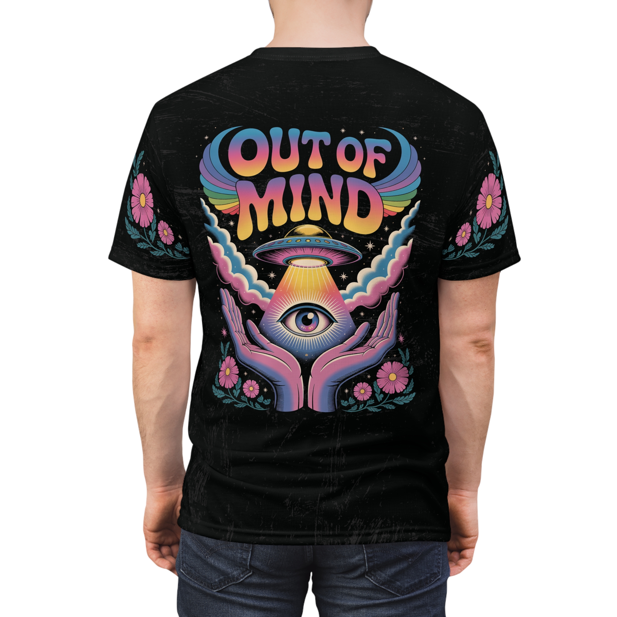 Rainbow and floral patterns cover this 3D graphic t-shirt, depicting a UFO beaming light onto an eye held by hands.