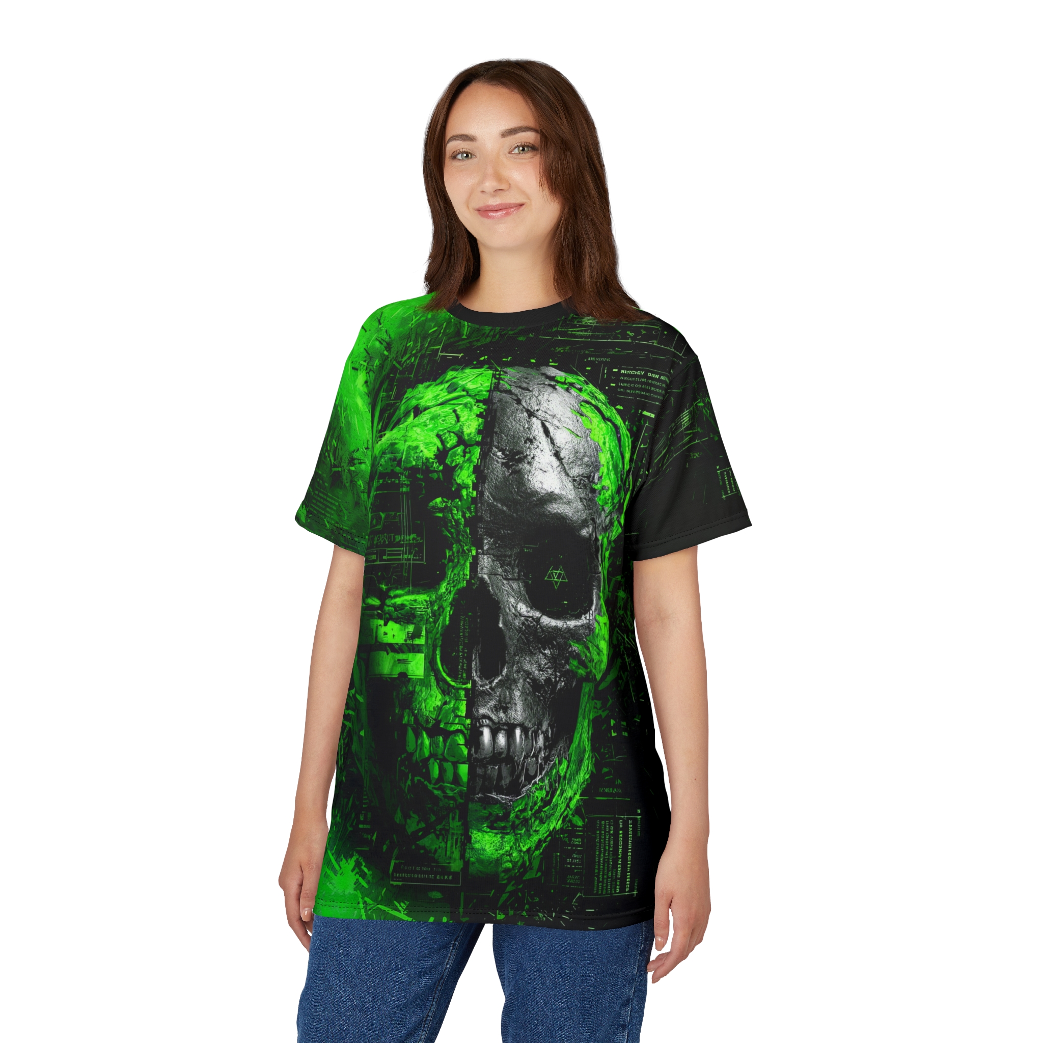 Vibrant Green Gothic Skull Graphic Tee - Unisex All Over Print T-Shirt for Horror Enthusiasts – eye-catching full print casual top