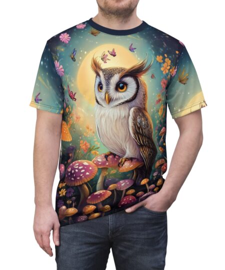 Whimsical Owl Unisex All Over Print Tee – Nature-Inspired Art