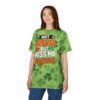 Green shamrocks and subtle textures cover this all over print apparel, featuring bold text that reads 