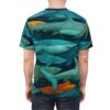 Teal, white, and orange sharks swim in a dark blue ocean, covering this seamless pattern tee.