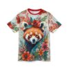 Red, orange, and blue floral patterns cover this 3D graphic t-shirt, featuring a red panda with a floral crown.