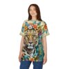 Vibrant leopard spots and bold floral patterns in orange, blue, and purple cover this full print shirt, featuring a fierce leopard's face surrounded by lush foliage.
