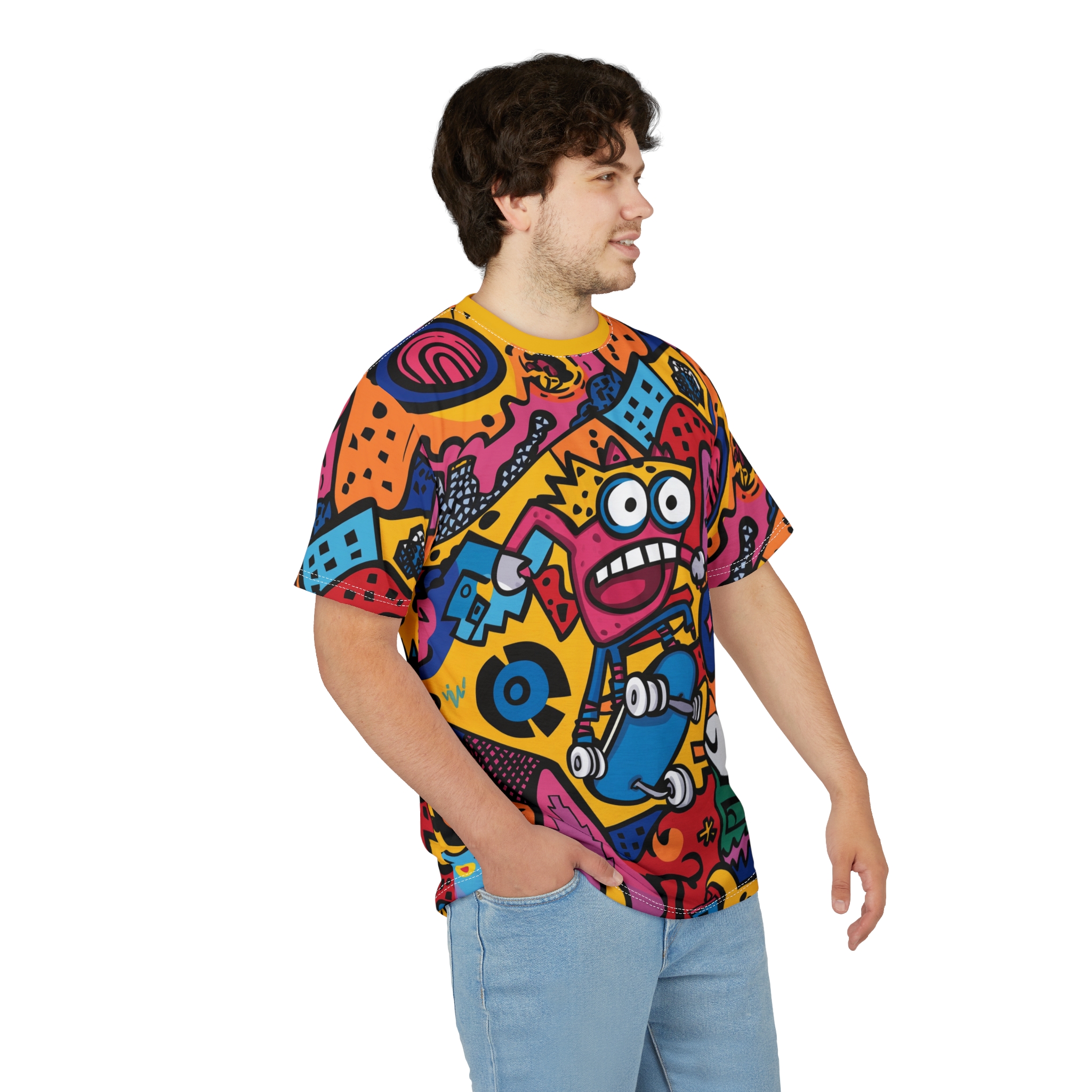 Bright yellow, orange, pink, and blue abstract shapes and cartoon characters cover this all over print t-shirt, depicting a skateboarding scene with a stylized figure.