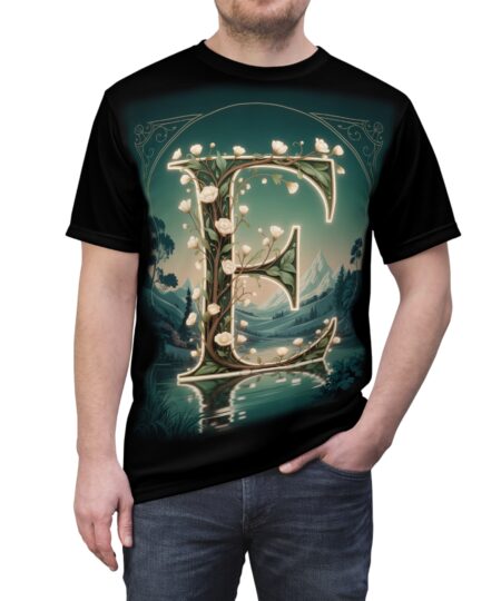 Personalized Forest Fairy Tale "E"  Tee, Unisex All Over Print T-Shirt, Custom Initial Apparel, Magical Gift, Fantasy Shirt, Nature Lover T-shirt