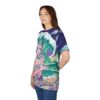 Vibrant blues, greens, and purples cover this 3D graphic t-shirt, featuring a mystical woman and crashing waves under a starry sky.