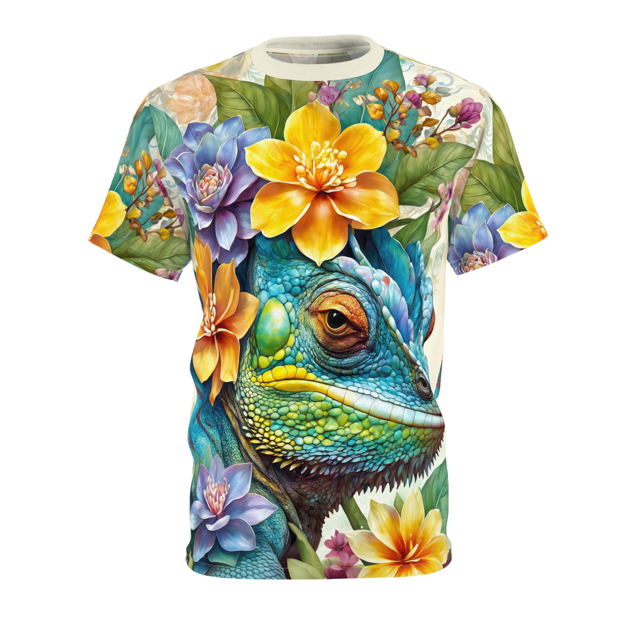Vibrant blues, greens, yellows, and purples cover this graphic streetwear tee, featuring a detailed chameleon amidst lush floral elements.