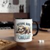 White coffee mug with a black handle, featuring a cute sloth illustration and the words 