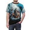 Deep blues, whites, and grays cover this 3D graphic t-shirt, depicting Poseidon emerging from crashing waves with his trident.