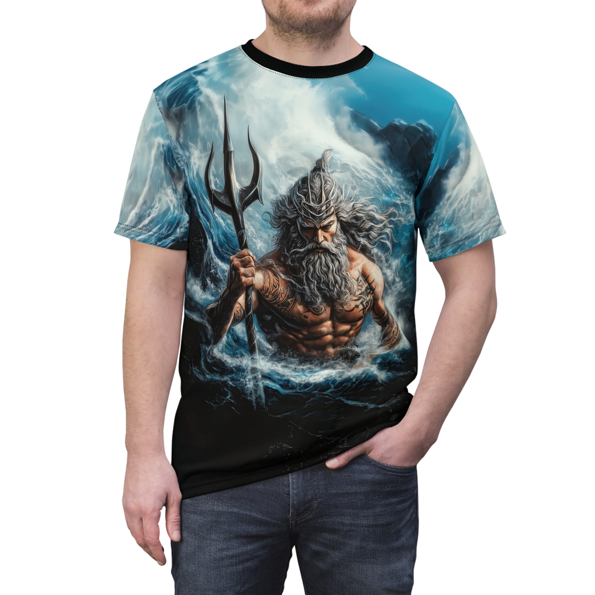 Deep blues, whites, and grays cover this 3D graphic t-shirt, depicting Poseidon emerging from crashing waves with his trident.