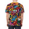 Bold pink, yellow, orange, blue, and black shapes and lines cover this tee, depicting a cartoon character on a skateboard and abstract urban elements.