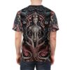 Black, pink, and grey branches, leaves, flowers, and eyes cover this all over print apparel, featuring a central anatomical skeleton.
